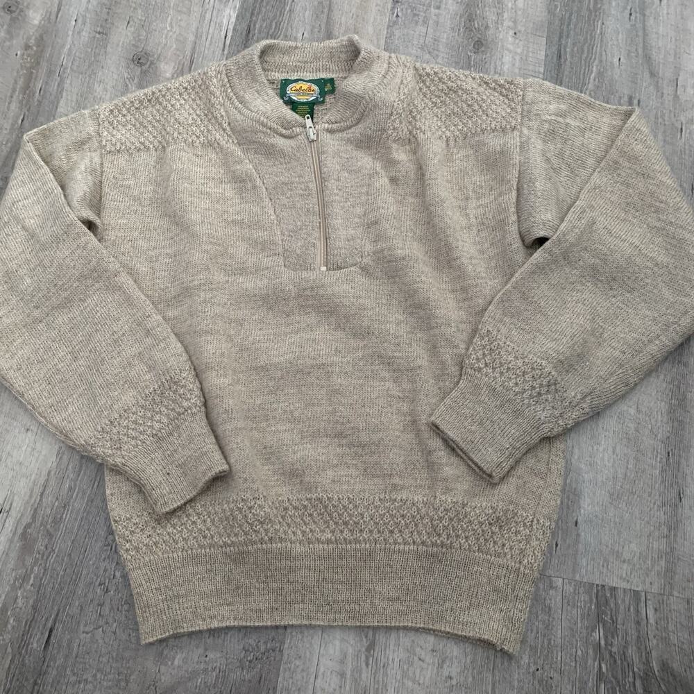 Cabelas Fisherman Sweater Womens Small Quarter Zip Pullover Khaki Tan Wool Blend